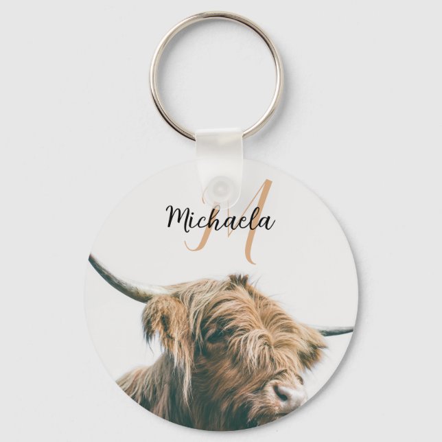 Highland cow portrait custom name initial monogram schlüsselanhänger (Vorderseite)