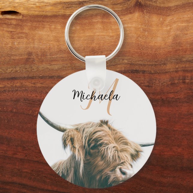 Highland cow portrait custom name initial monogram schlüsselanhänger (Vorderseite)