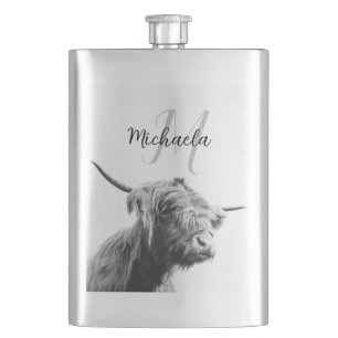 Highland cow portrait initial monogram black white flachmann