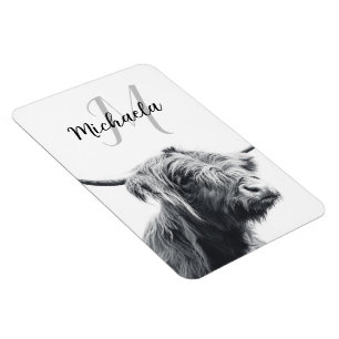 Highland cow portrait initial monogram black white magnet