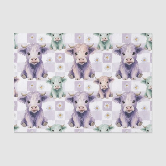 Highland Cow Purple Sage Easter Flowers Pastel Seidenpapier (Vorderseite)