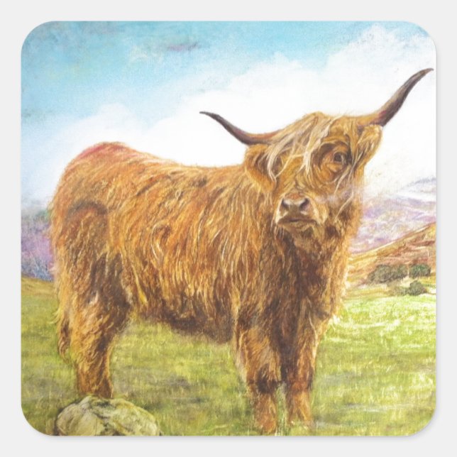 Highland Cow Quadratischer Aufkleber (Vorderseite)