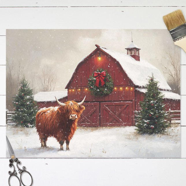 Highland Cow Red Barn Weihnachtsdekoupage Seidenpapier (Von Creator hochgeladen)