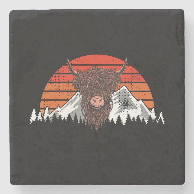 Highland Cow Retro Vintage Steinuntersetzer (Vorderseite)
