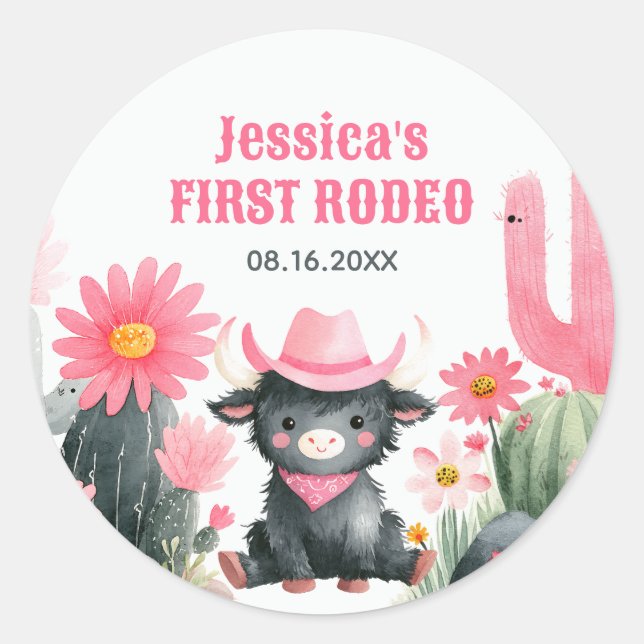 Highland Cow Rodeo Western Kids's erster Geburtsta Runder Aufkleber (Vorderseite)