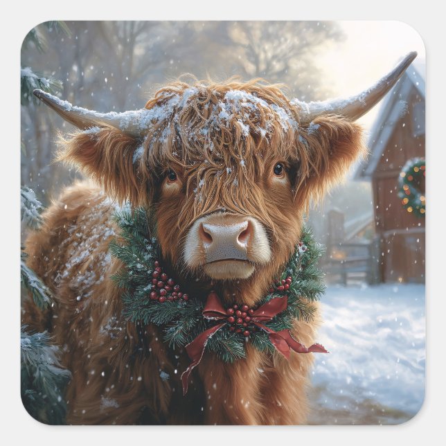 Highland Cow Rustic Barnyard Weihnachten Quadratischer Aufkleber (Vorderseite)