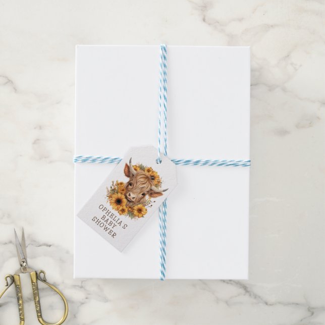 Highland Cow Rustic Sunflowers Kinderdusche Dank Geschenkanhänger (Mit Garn)
