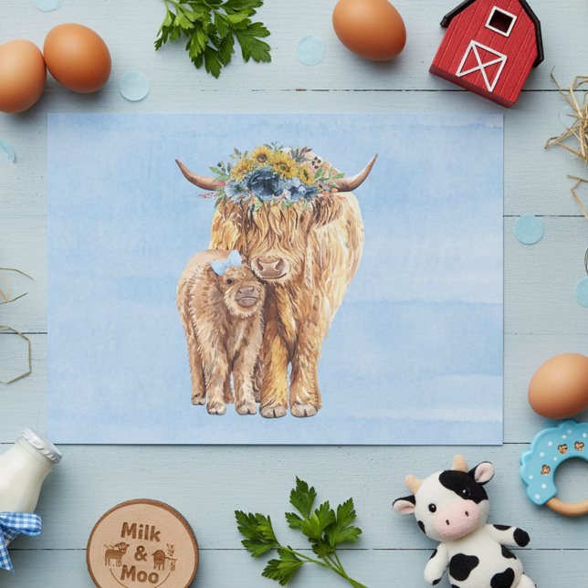 Highland Cow Scotland Blue Mama Baby Calf Seidenpapier (Von Creator hochgeladen)