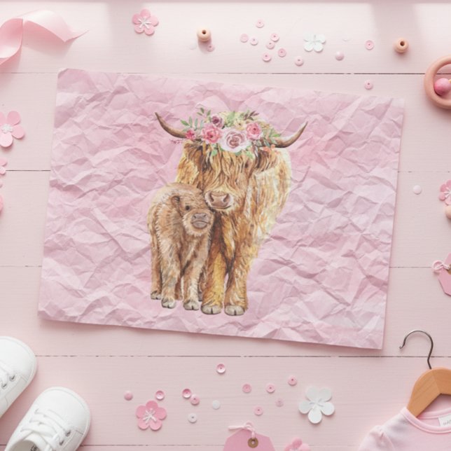 Highland Cow Scotland Pink Mama Baby Calf Seidenpapier (Von Creator hochgeladen)