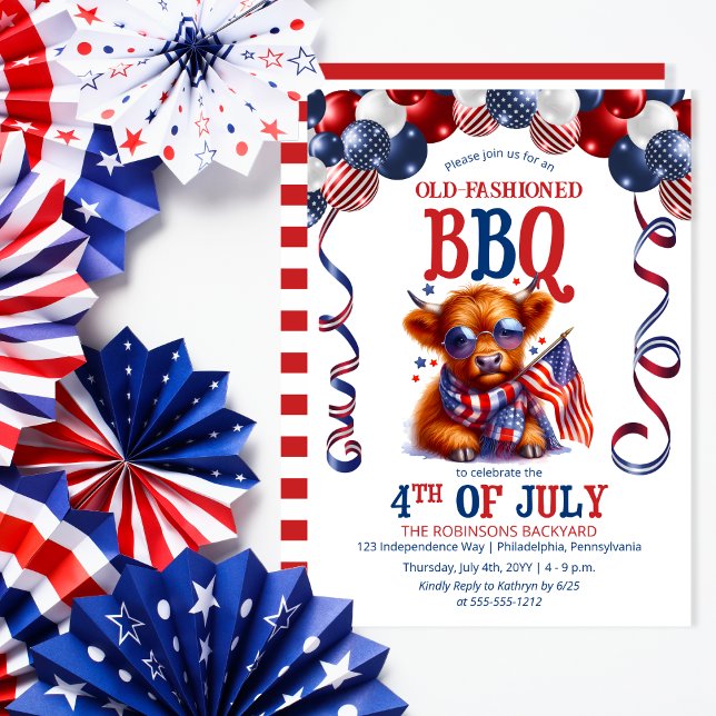 Highland Cow | Sonnenbrille 4. Juli GRILLEN Party Einladung (Balloon Arch and Cute Cool Highland Cow Calf Sporting Sunglasses 4th of July BBQ Invitation)