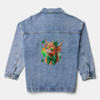 Highland Cow St Patrick’s Png, Lucky Cow Jeansjacke
