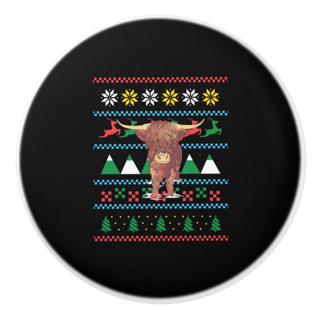 Highland Cow Ugly Christmas Keramikknauf (Vorderseite)