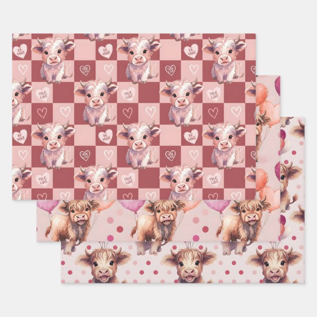 Highland Cow Valentine Pink Candy Hearts Gift Geschenkpapier Set (Set)