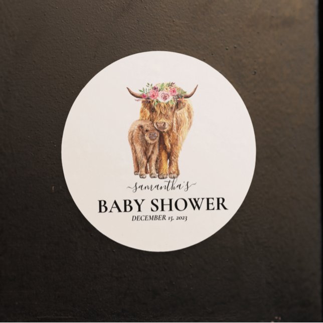Highland Cow Watercolor Baby Showkalb Runder Aufkleber (Von Creator hochgeladen)