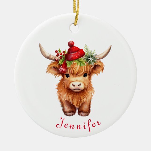 Highland Cow Weihnachtszeit Weihnachtsmannmütze Pe Keramik Ornament (Vorne)