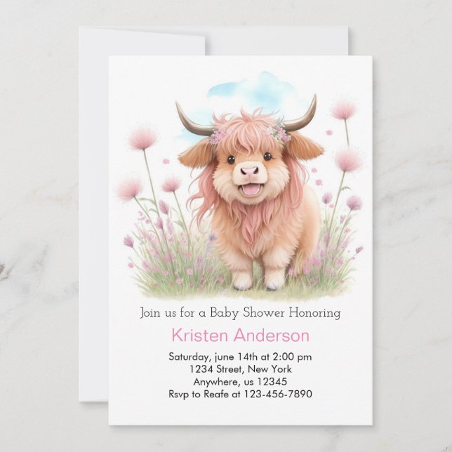 Highland Cow Whimsical Girl Baby Dusche Einladung (Vorderseite)