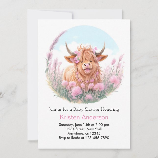 Highland Cow Wildblume Girl Baby Dusche Einladung (Vorderseite)