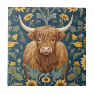Highland Cow William Morris-Stil Gelbe Sonnenblume Fliese