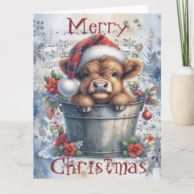 Highland Cow Winter Christmas Watercolor Karte (Vorderseite)