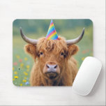 Highland Cow with Birthday Party Hat Mousepad<br><div class="desc">A Highland cow stands in a field of colorful wildflowers,  wearing a birthday party hat</div>