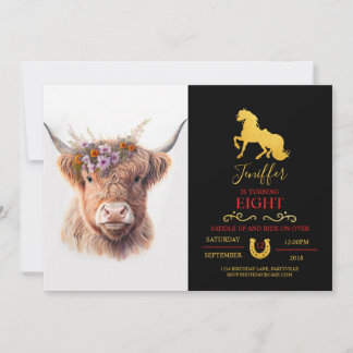 Highland Cow with Floral Crown Watercolor Illustra Einladung