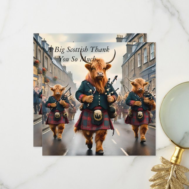 Highland Harmony: Bagpipe Highland Cow Band Dankeskarte (Vorderseite/Rückseite Beispiel)