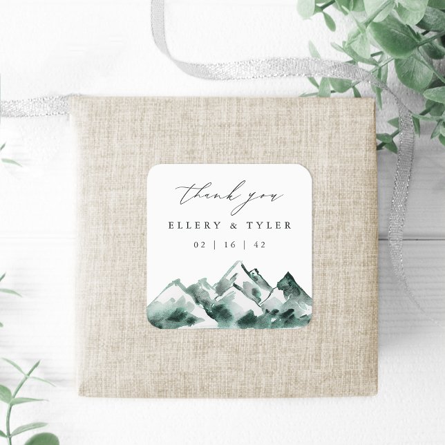 Highland | Hochzeit des Wasserfarbengebirges Danke Quadratischer Aufkleber (Von Creator hochgeladen)