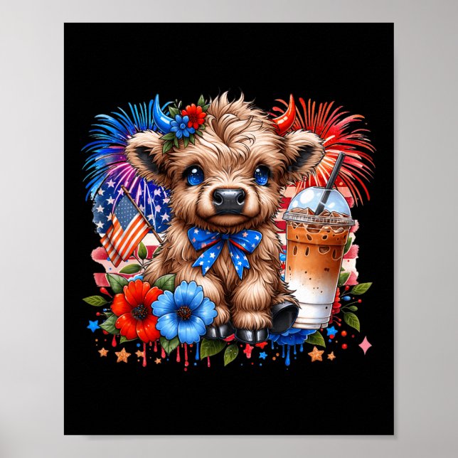 Highland Kuh 4. Juli floral USA Patriotische Kuh Poster (Vorne)
