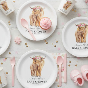 Highland Kuh Aquarell Baby Shower Kalb  Pappteller