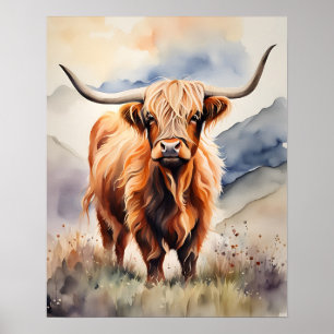 Highland-Kuh-Aquarell-Farmhouse-Wandkunstposter Poster