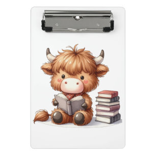 Highland-Kuh beim Bücherlesen Mini Klemmbrett