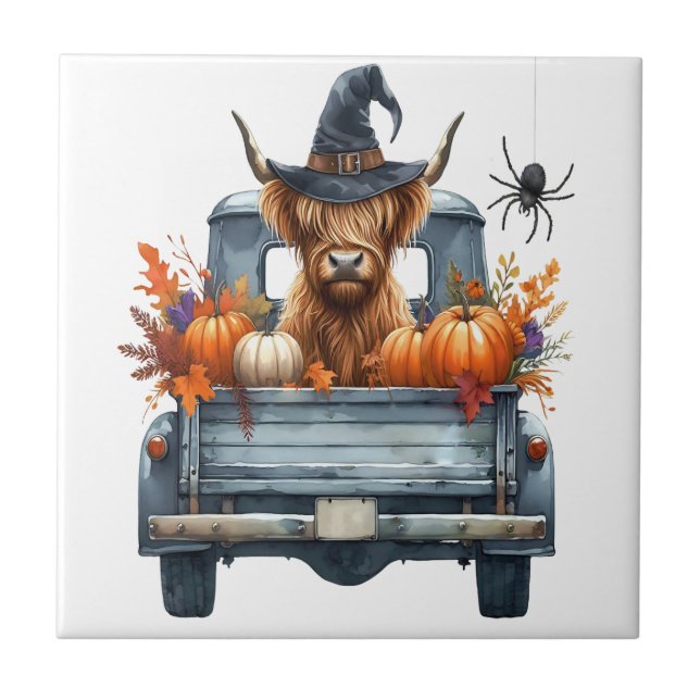 Highland-Kuh Halloween Herbst Fliese (Vorderseite)