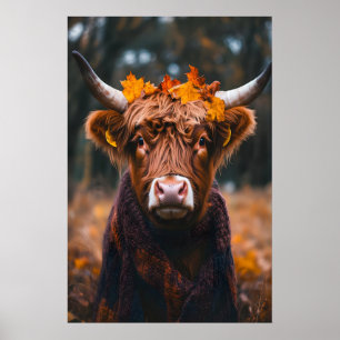 Highland-Kuh-Herbst-Kunstprint, Herbstlaub-Schal Poster