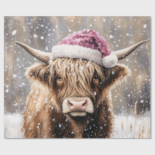Highland-Kuh im Schnee mit Weihnachtsmannmütze Geschenkpapier