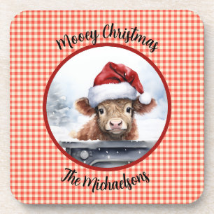 Highland Kuh im Weihnachtsmann Hut Gingham Mooey W Getränkeuntersetzer
