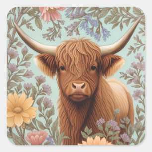 Highland-Kuh-Pastell William Morris inspirierte Bl Quadratischer Aufkleber