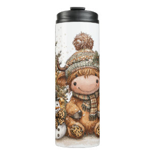 Highland-Kuh & Schneemann mit Kakao und Baum Thermosbecher