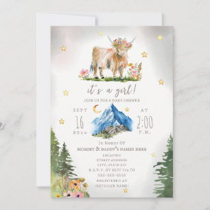 Highland-Kuh-Sterne-Blumen-Berg-Baby-Party Einladung