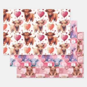 Highland-Kuh Valentinstag Rosa Ballon Herzen Gesch Geschenkpapier Set