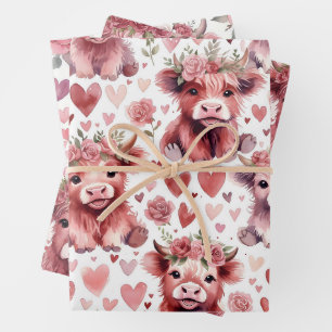 Highland-Kuh-Valentinstag-Rosa-Blumen-Aquarell Geschenkpapier Set