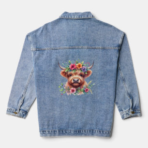 Highland-Kuhkopf mit Blumenkrone – Rustikale Farmh Jeansjacke