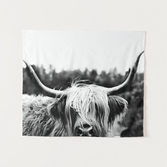 Highland Longhorn Kuh Schwarz-Weiß Rustikal Boho Wandteppich (Vorderseite (Horizontal))