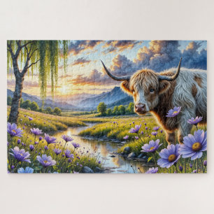 Highland/Longhorn-Mischlingskuh in floraler Landsc