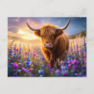Highland-Rind auf einem Feld mit farbenfrohen Blum Postkarte