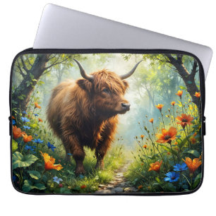 Highland-Rind im Wald mit Wildblumen Laptopschutzhülle