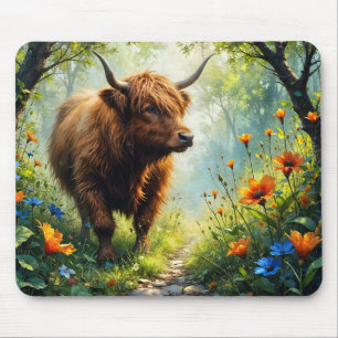 Highland-Rind im Wald mit Wildblumen Mousepad