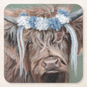 Highland-Rind mit blau-weißer Krone Rechteckiger Pappuntersetzer