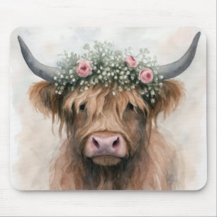 Highland-Rind mit floraler Hochzeitskrone Mousepad