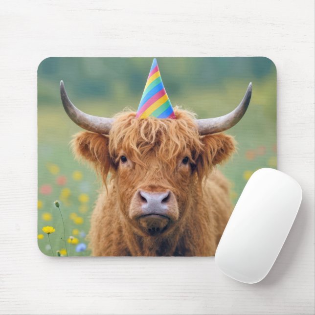 Highland-Rind mit Geburtstagspartyhut Mousepad (Mit Mouse)