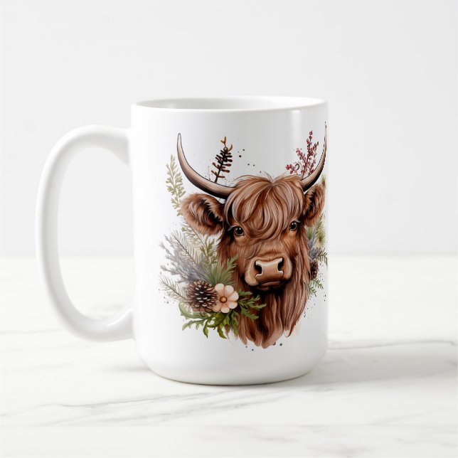 Highland Scottish Cow mit Blume, anpassbar Kaffeetasse (Links)